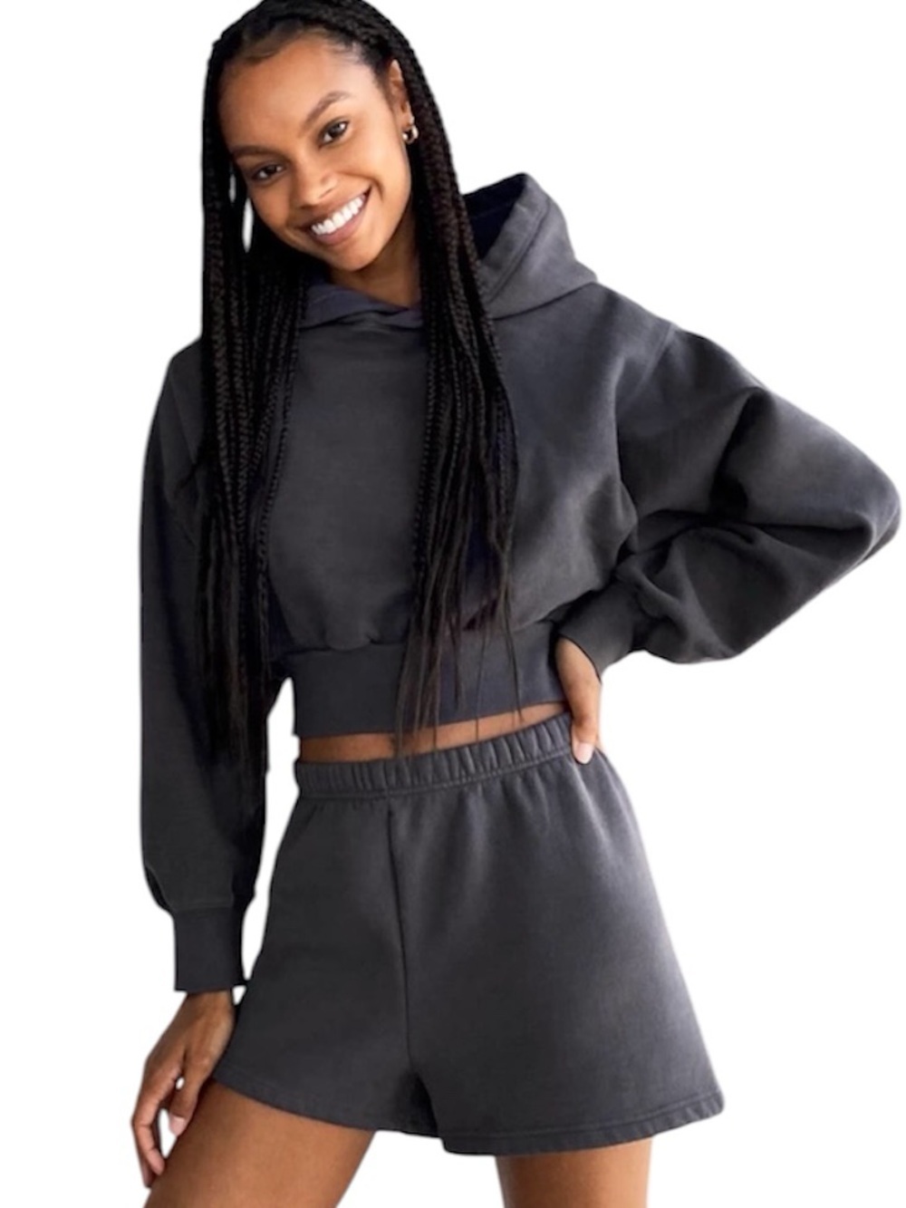 Aritzia TNA Cozy Fleece Perfect Shrunken Cropped Pullover Hoodie Charcoal Gray